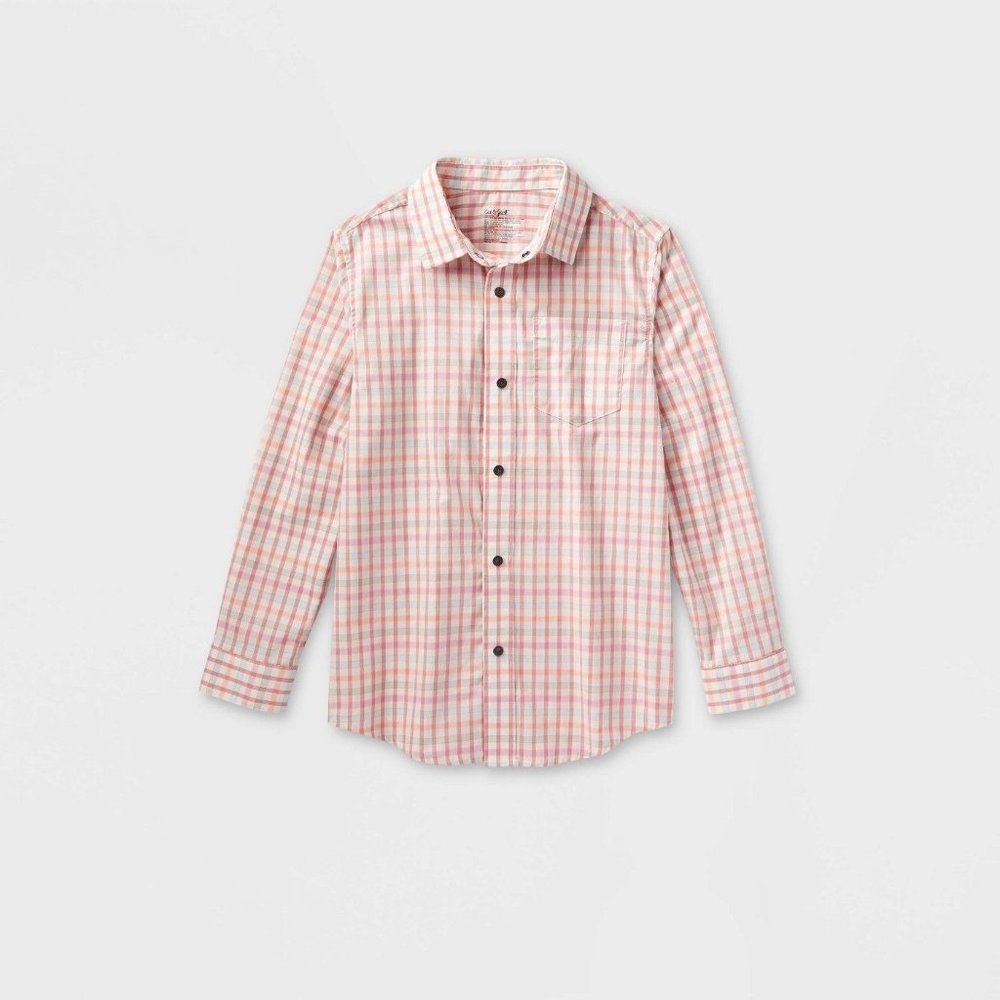 Boys' Adaptive Long Sleeve Woven Shirt - Cat & Jack Pink Gingham Medium